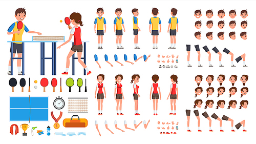 Table Tennis Player Male, Female Vector. Animated Character Creation Set. Ping Pong. Man, Woman Full Length, Front, Side, Back View, Accessories, Poses, Face Emotions Gestures Isolated Illustration