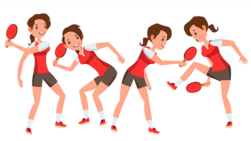 Table Tennis Female Player Vector. In Action. Sports Concept. Stylized Player. Cartoon Character Illustration