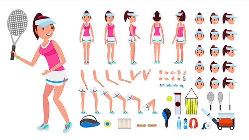 Tennis Player Female Vector. Animated Character Creation Set. Tennis Player Girl, Woman. Full Length, Front, Side, Back View, Accessories, Face Emotions, Gestures Isolated Cartoon Illustration