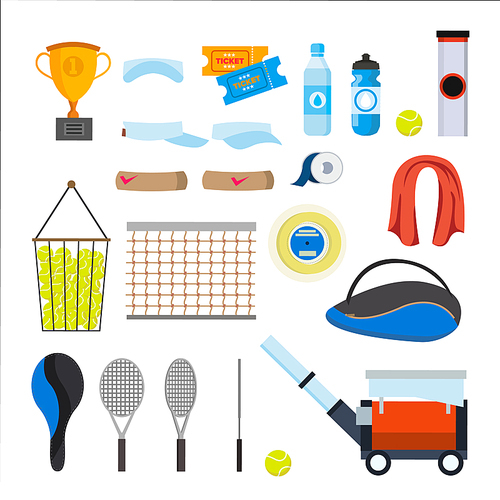 Tennis Icons Set Vector. Tennis Accessories. Yellow Ball, Racket, Net, Pouch Isolated Cartoon Illustration
