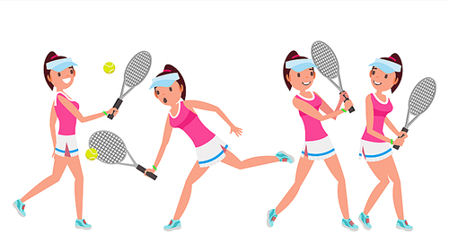 Tennis Player Vector. Young And Healthy. Players Practicing With Tennis Racket. Flat Cartoon Illustration