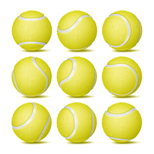 Realistic Tennis Ball Set Vector. Classic Round Yellow Ball. Different Views. Sport Game Symbol. Isolated