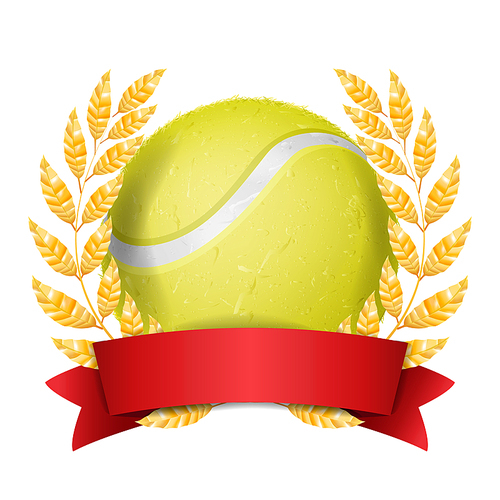 Tennis Award Vector. Sport Banner Background. Yellow Ball, Red Ribbon, Laurel Wreath. 3D Realistic Isolated