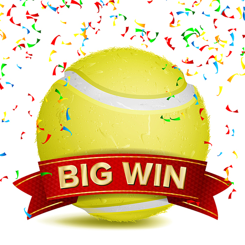 Tennis Award Vector. Red Ribbon. Big Sport Game Win Banner Background. Yellow Ball. Confetti Falling. Realistic