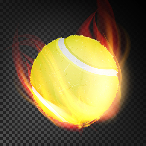 Tennis Ball In Fire Vector Realistic. Burning Tennis Ball. Transparent Background