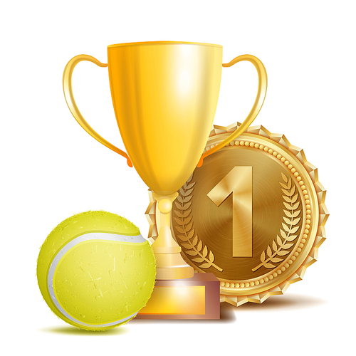 Tennis Award Vector. Sport Banner Background. Yellow Ball, Gold Winner Trophy Cup, Golden 1st Place Medal. 3D Realistic