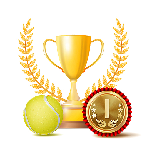 Tennis Achievement Award Vector. Sport Banner Background. Yellow Ball, Winner Cup, Golden 1st Place Medal. Realistic