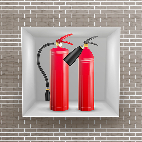 Fire Extinguisher In Wall Niche Vector. Realistic Red Fire Extinguisher Illustration