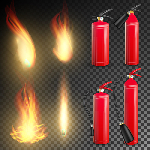 Red Fire Extinguisher Vector. Fire Flame Sign. Isolated On Transparent Background Illustration