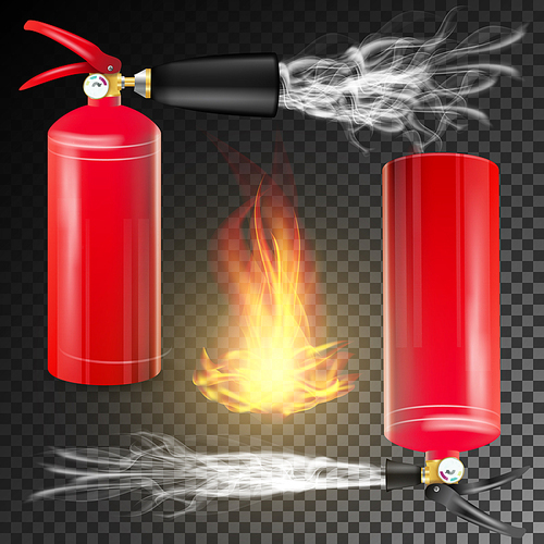 Fire Extinguisher Vector. Sign 3D Realistic Fire Flame And Red Fire Extinguisher. Transparent Background Illustration