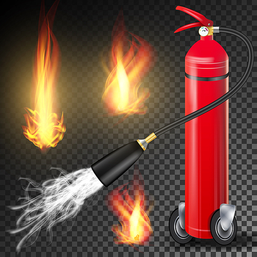 red fire extinguisher vector. fire flame sign and metal red fire extinguisher. transparent