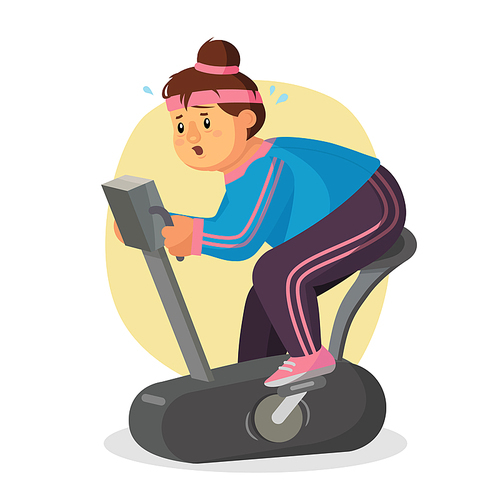 Fat Woman Working Out In Gym Vector. Training On Exercise Bike. Girl Working Out In Sweat. Young Obese Woman. Isolated On White Cartoon Character Illustration
