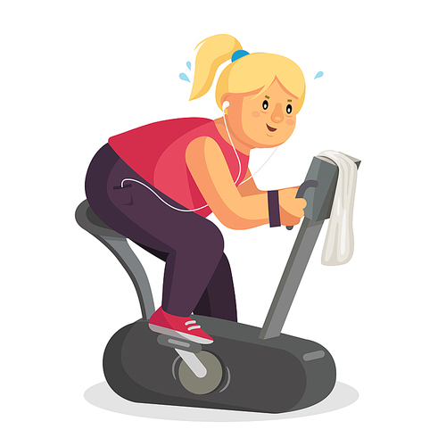 Fat Woman In Gym Vector. Female Running On Treadmill. Exercise Bike. Fitness Girl Training. Obese Woman Running On Treadmill. Isolated Flat Cartoon Character Illustration
