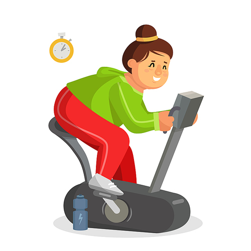 Fat Woman Training Vector. Lose Weight. Fat Woman Dieting, Fitness. Get Rid Of Fat Belly. Flat Cartoon Illustration