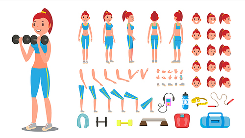 Fitness Girl Vector. Animated Sport Female Character Creation Set. Full Length, Front, Side, Back View, Accessories, Poses, Face Emotions, Gestures. Isolated Cartoon Illustration