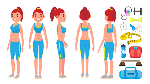 Fitness Girl Vector. Different Poses. Doing Fitness Exercises. Lunges, Squats, Plank. Woman Fitness Flat Cartoon Illustration