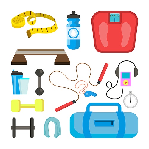 Fitness Icons Set Vector. Sport Tools Accessories. Scales, Tape, Dumbbell, Weight, Towel, Stopwatch Headphones Rope Isolated Flat Illustration