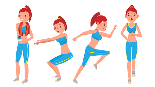 Fitness Girl Vector. Different Poses. Doing Fitness Exercises. Lunges, Squats, Plank. Woman Fitness Flat Cartoon Illustration