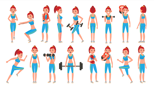 Fitness Girl Vector. Set. Various Views. Aerobic And Exercises. Full Body Workout. Female Fitness. Flat Cartoon Illustration