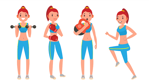 Fitness Girl Vector. Different Poses. Exercises For Fat People. Healthy Lifestyle Concept. Woman Fitness. Isolated On White Cartoon Character Illustration