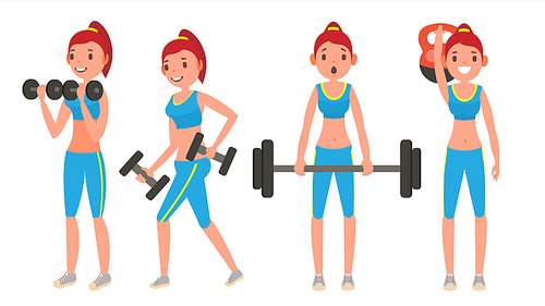 Fitness Girl Vector. Set. Modern Workout With Stretching, Weights. Healthy Lifestyle. Cartoon Character Illustration