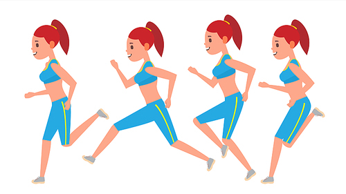 Female Running Vector. Animation Frames Set. Sport Athlete Fitness Character. Marathon Road Race Runner. Woman Side View. Sportswear. Jogging, Workout. Isolated Illustration