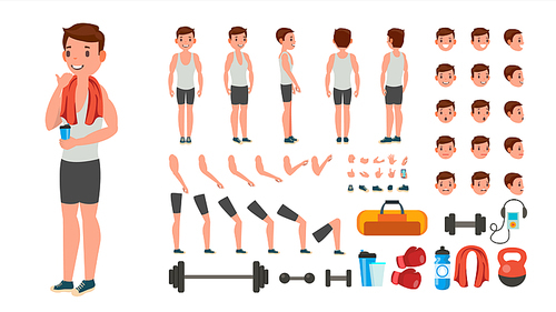 Fitness Man Vector. Animated Athlete Character Creation Set. Full Length, Front, Side, Back View, Accessories, Poses, Face Emotions, Various Hairstyles Gestures Isolated Cartoon Illustration