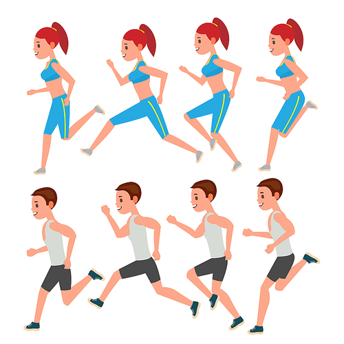 Male And Female Running Vector. Animation Frames Set. Sport Athlete Fitness Character. Marathon Road Race Runner. Woman Side View. Sportswear. Jogging Couple. Isolated Flat Illustration