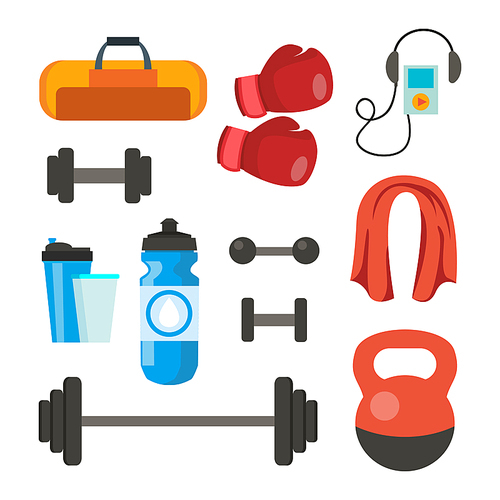 Fitness Icons Set Vector. Sport Tools Accessories. Bag, Towel, Weights, Dumbbell, Bar, Player Boxing Gloves Isolated Cartoon Illustration