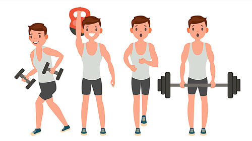 Fitness Man Vector. Different Poses. Weight Training. Exercising Male. Man Figures Is Training On Sport Club. Isolated On White Cartoon Character Illustration
