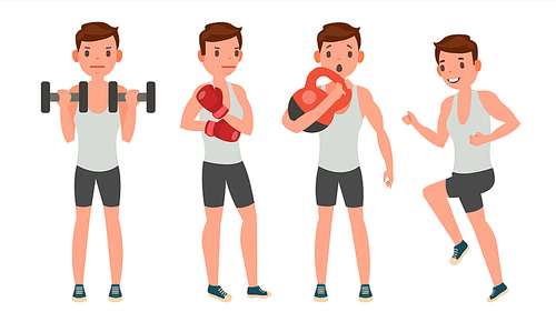 Fitness Man Vector. Different Poses. Variety Of Sport Movements. Cartoon Character Illustration