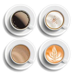 Coffee Cups Set Vector. Top View. Different Types. Coffee Menu. Hot Latte, Cappuchino, Americano, Raf Coffee. Fast Food Cup Beverage. White Mug. Isolated Illustration
