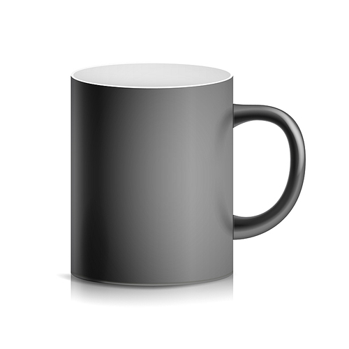 black cup, mug vector. 3d realistic ceramic or plastic cup isolated on white . classic blank cup with handle illustration.
