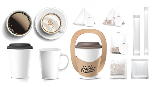 Coffee Packaging Design Vector. Cups Mock Up. White Coffee Mug. Ceramic And Paper, Plastic Cup. Top, Side View. Holder For Carrying One Cup. Blank Foil Packaging Sugar. Isolated Illustration