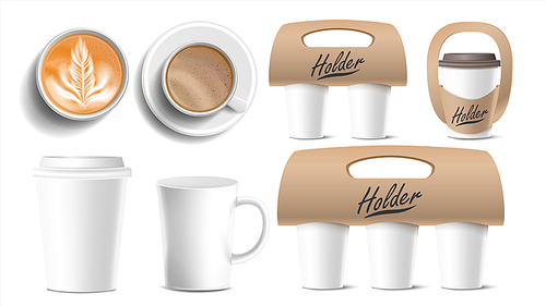 Coffee Packaging Vector. Cups Mock Up. Ceramic And Paper, Plastic Cup. Top, Side View. Cups Holder For Carrying, One, Two, Three Cups. Hot Drink. Take Away Cafe Coffee Cups Holder Mockup. Illustration