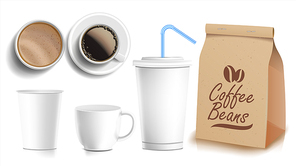 Coffee Packaging Template Design Vector. White Coffee Mug. Ceramic And Paper, Plastic Cup. Top, Side View. Blank Foil Packaging. Isolated Illustration