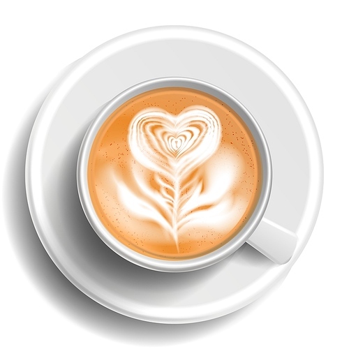 Coffee Art Cup Vector. Top View. Heart. Hot Cappuchino Coffee. White Mug. Illustration