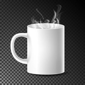 White Cup, Mug Vector. Realistic Ceramic Or Plastic Cup Isolated On Transparent Background. Empty Classic Cafe Cup With Handle And Steam Illustration.