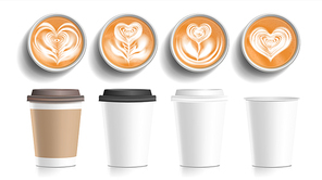 Coffee Cups Art Top View Vector. Plastic, Paper White Empty Fast Food Take Out Coffee Menu Mugs. Various Ocher Paper Cups. Breakfast Beverage. Realistic Illustration