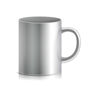 Metal Cup, Mug Vector. 3D Realistic Metallic Chrome, Silver Cup Isolated On White Background. Classic Mug With Handle Illustration.