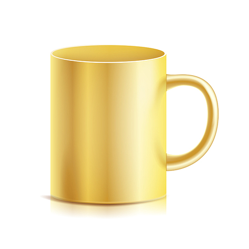 Gold Cup, Mug Vector. 3D Realistic Golden Cup Isolated On White Background. Classic Metal Mug Template With Handle Illustration.