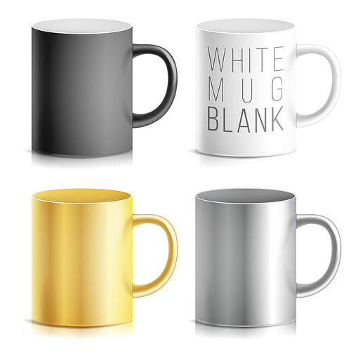 realistic cup, mug set vector. white, black, silver, chrome, golden cup isolated on white . classic mug template with handle illustration.