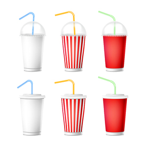 Soda Cup Template Vector. 3d Realistic Paper Disposable Cups Set For Beverages With Drinking Straw. Isolated On White Background. Packaging