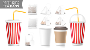 Disposable Paper Cups And Tea Bags Set Vector. Plastic Covers. Take-out Soft Drinks Cup Template. Open And Closed Paper Cup Blank. Realistic Isolated Vector Illustration.