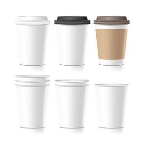 3d Coffee Paper Cup Vector. Hot Drink. Collection 3d Coffee Cup Mockup. Isolated On Transparent Background Illustration