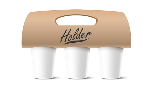 Coffee Cups Holder Vector. Realistic Mockup. Empty Packaging For Carrying. Three Cups. Hot Drink. Take Away Cafe Coffee Cups Holder Mockup. Isolated