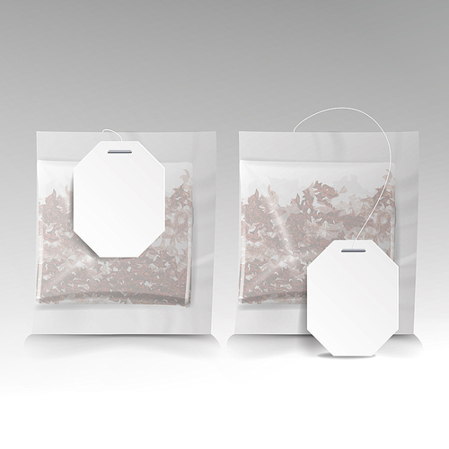 Tea Bags Illustration With Labels. Square Shape. Vector Mock Up Illustration For Your Design. Isolated