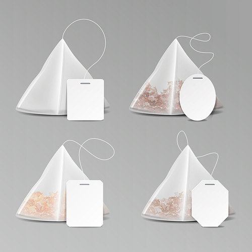Pyramid Shape Tea Bag Set. Mock Up With Empty Square, Rectangle Labels. 3D Realistic Teabag Template. Vector