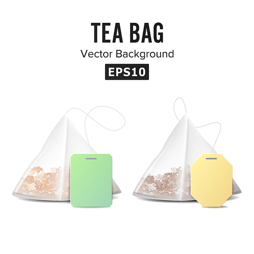 pyramid shape tea bag set. mock up with empty yellow and green label. isolated on white . vector