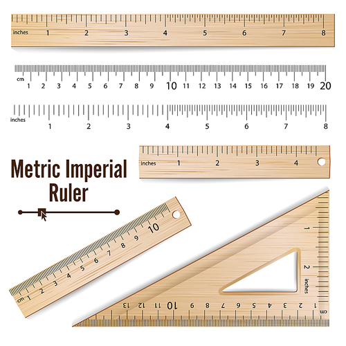 School Rulers Vector. Realistic Classic Wooden Metric Imperial Ruler. Centimeter And Inch. Measure Tools Equipment Isolated On White Illustration